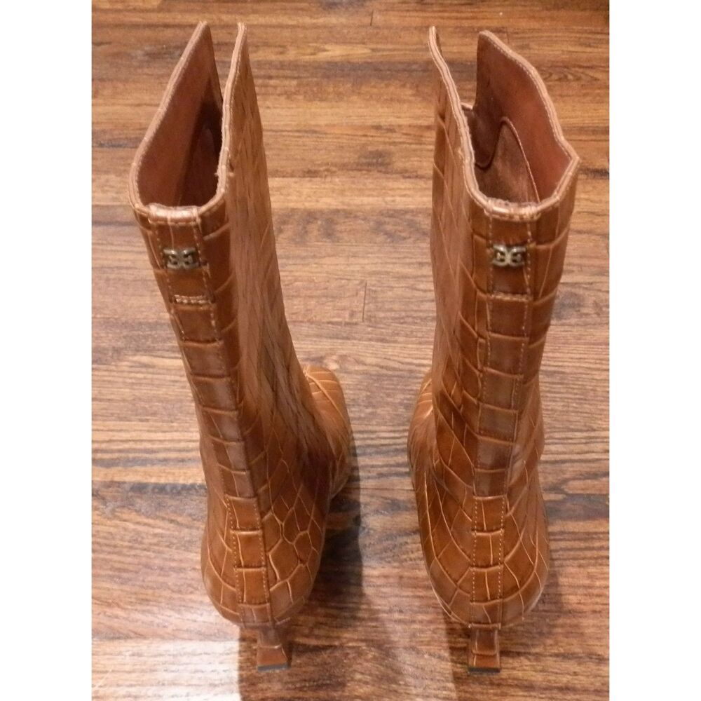 Sam Edelman Croc-Embossed Mid-Calf Kitten Heel Boots in Brown - Picture 4 of 9